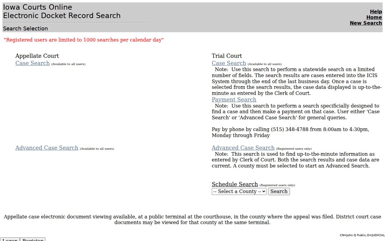 Iowa Courts Online public search landing page for Guthrie County cases