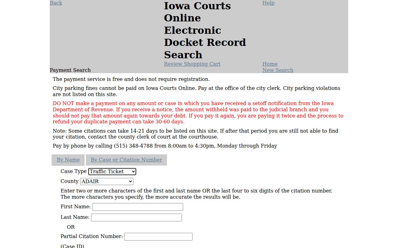 Iowa Courts Online search and payment interface used for Guthrie County cases